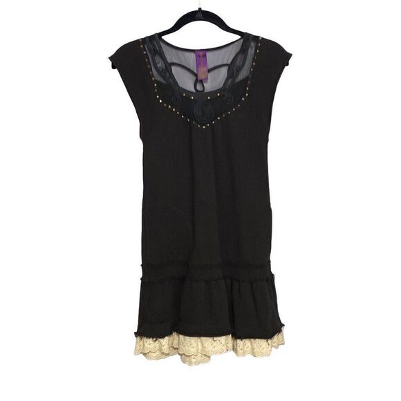 Free People Goth Black Tunic Size XS Lace Neck Stud Accents Raw Hem Layered - Picture 1 of 11